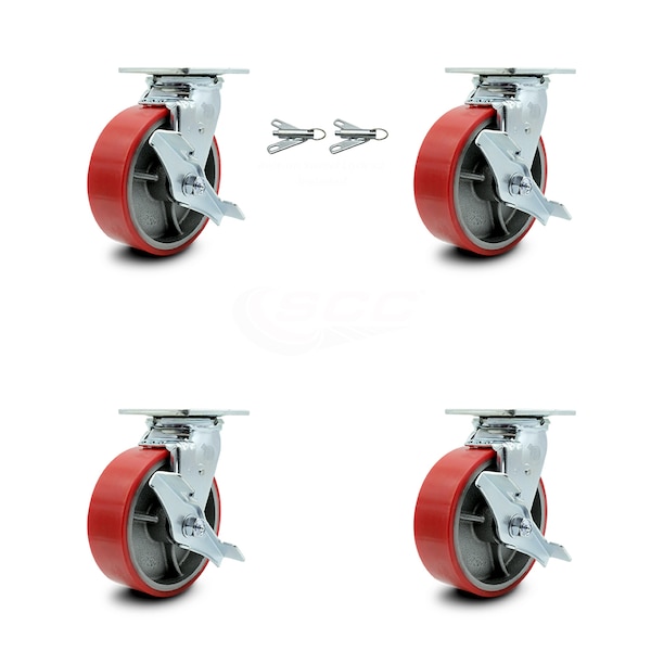 Service Caster 6 Inch Red Poly on Steel Caster Set with Roller Bearings 4 Brake 2 Swivel Lock SCC-30CS620-PUR-RS-TLB-BSL-2-TLB-2 - main
